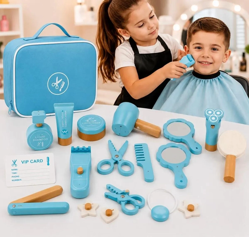 MALETIN DE PELUQUERIA INFANTIL DE MADERA CON 21 ACCESORIOS - 2