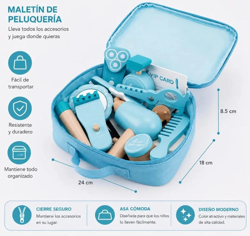 MALETIN DE PELUQUERIA INFANTIL DE MADERA CON 21 ACCESORIOS - 3