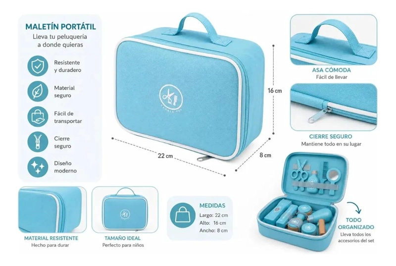 MALETIN DE PELUQUERIA INFANTIL DE MADERA CON 21 ACCESORIOS - 4