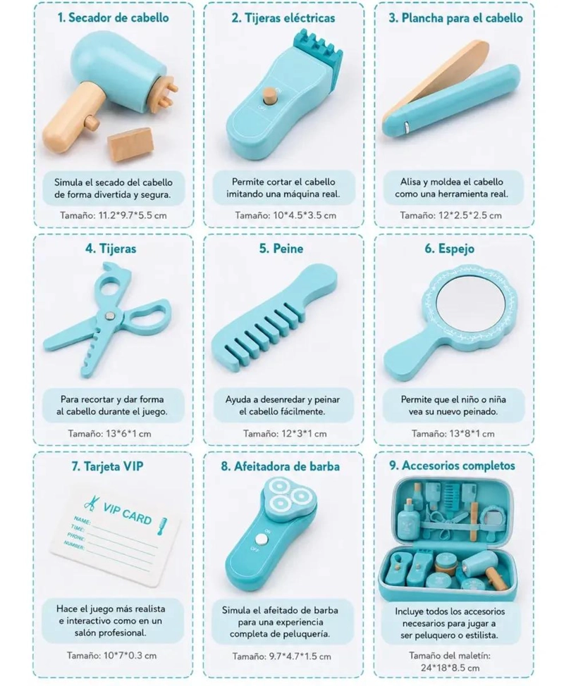 MALETIN DE PELUQUERIA INFANTIL DE MADERA CON 21 ACCESORIOS - 5