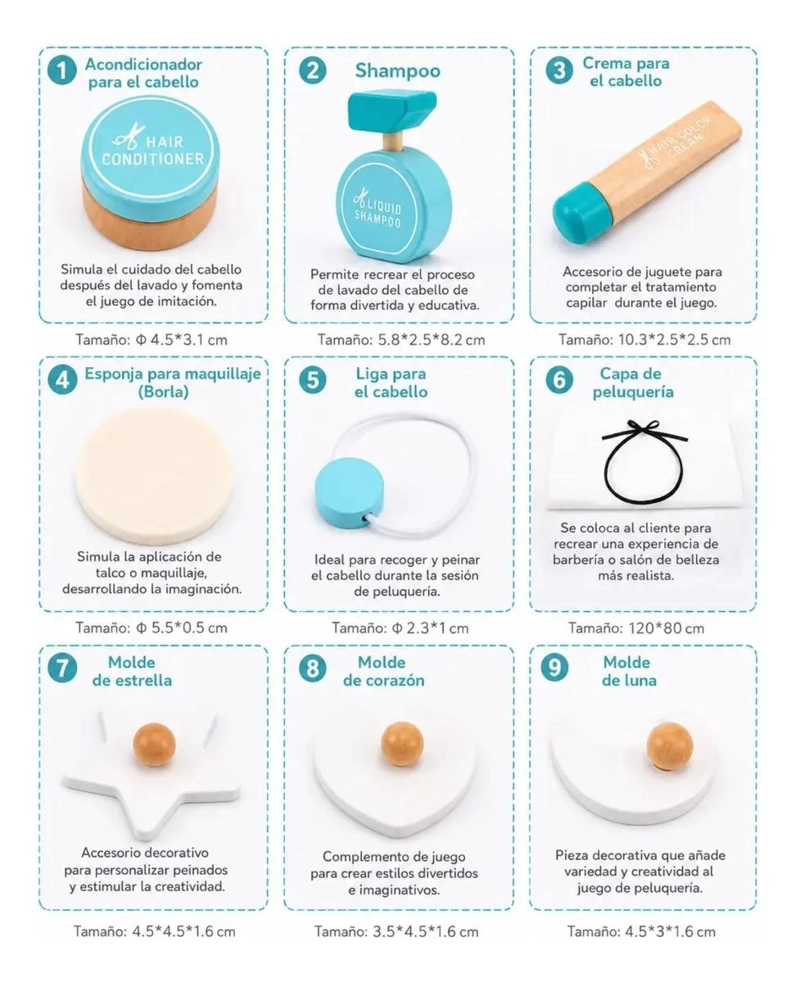 MALETIN DE PELUQUERIA INFANTIL DE MADERA CON 21 ACCESORIOS - 6