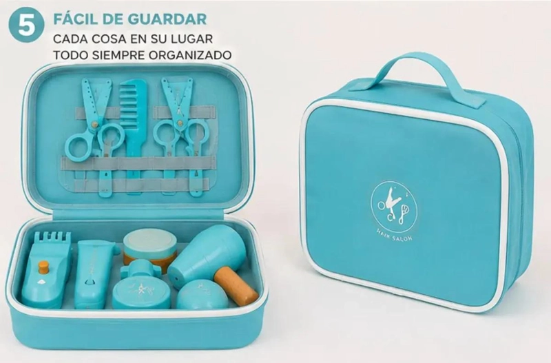 MALETIN DE PELUQUERIA INFANTIL DE MADERA CON 21 ACCESORIOS - 7