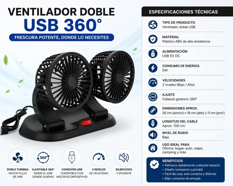 VENTILADOR USB DOBLE CABEZAL GIRATORIO Y PLEGABLE - 2