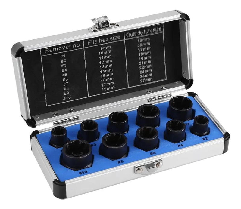 KIT DE HERRAMIENTAS PARA QUITAR TUERCAS Y PERNOS DAÑADOS 10 PIEZAS - 1