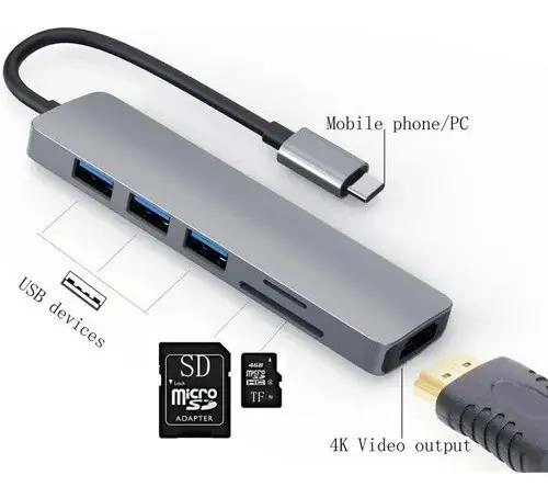 ADAPTADOR USB HUB TIPO C 6 EN 1 CON LECTOR DE TARJETAS - 2