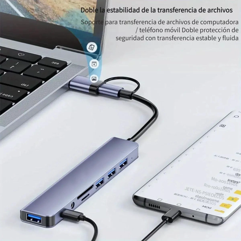 ADAPTADOR HUB TIPO C 8 EN 1 PARA CONECTAR DISPOSITIVOS - 8