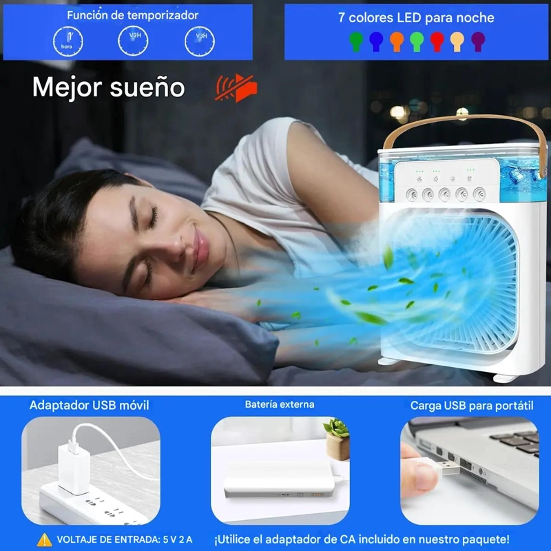 VENTILADOR HUMIDIFICADOR PORTATIL CON LUZ LED Y 3 VELOCIDADES - 5