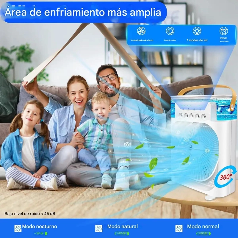 VENTILADOR HUMIDIFICADOR PORTATIL CON LUZ LED Y 3 VELOCIDADES - 7