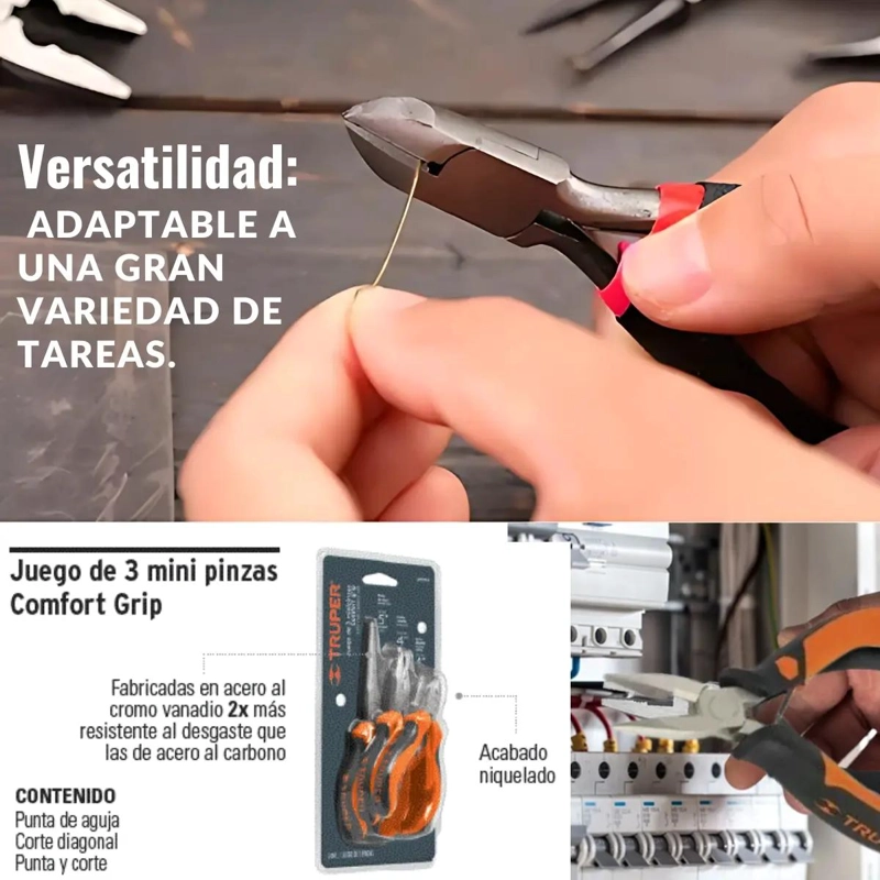 SET DE 3 MINI PINZAS PUNTA LARGA PARA TALLER Y HOGAR - 2