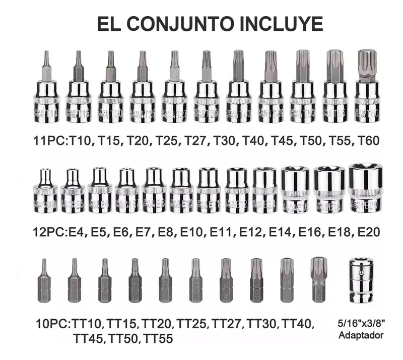 JUEGO DE DADOS TORX ESTRELLA 34 PIEZAS PARA HERRAMIENTAS - 4