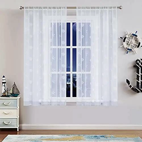 CORTINAS NAUTICAS BLANCAS CON PATRON DE ESTRELLA - 1