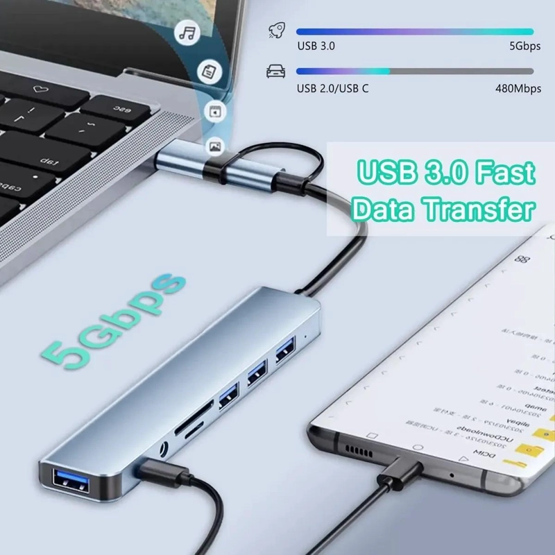 ADAPTADOR USB TIPO C 8 PUERTOS PARA ORDENADORES Y DISPOSITIVOS - 5
