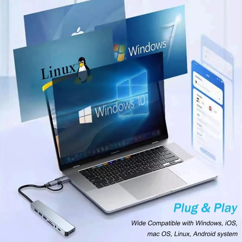 ADAPTADOR USB TIPO C 8 PUERTOS PARA ORDENADORES Y DISPOSITIVOS - 8