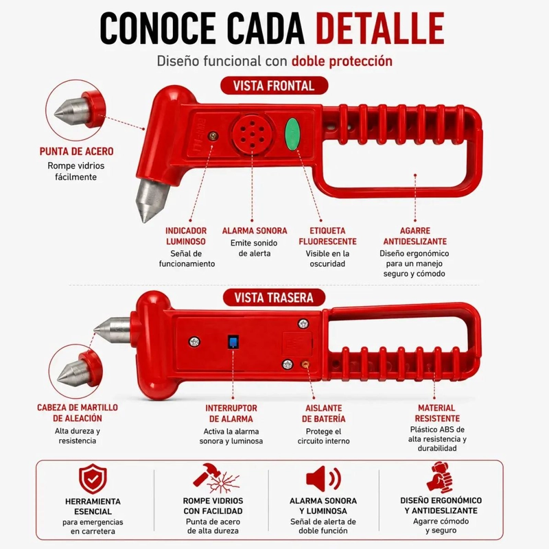 MARTILLO DE EMERGENCIA CON ALARMA Y PUNTA ROMPEVIDRIOS - 2