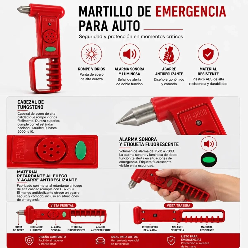 MARTILLO DE EMERGENCIA CON ALARMA Y PUNTA ROMPEVIDRIOS - 6