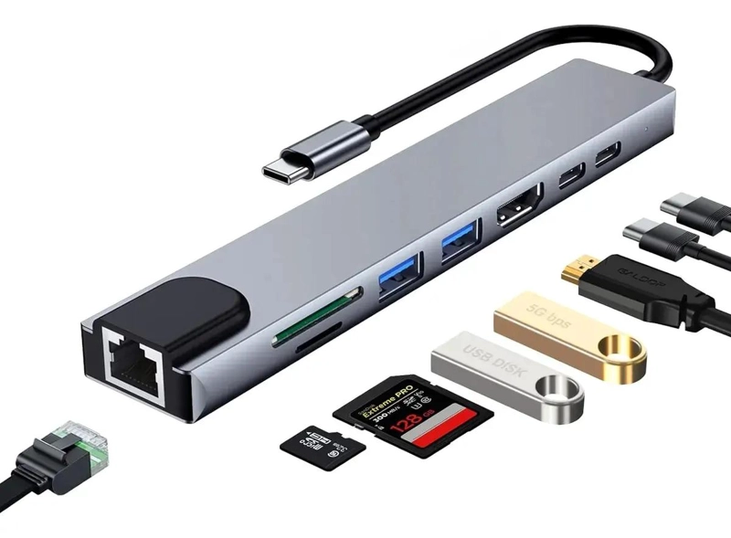 ADAPTADOR HUB USB TIPO C 8 EN 1 CON SALIDA HDMI 4K Y RJ45 - 1