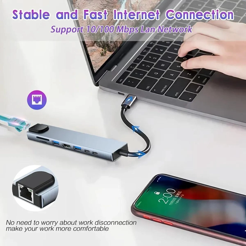 ADAPTADOR HUB USB TIPO C 8 EN 1 CON SALIDA HDMI 4K Y RJ45 - 6