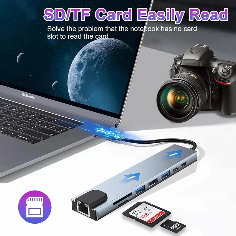 ADAPTADOR HUB USB TIPO C 8 EN 1 CON SALIDA HDMI 4K Y RJ45 - 7