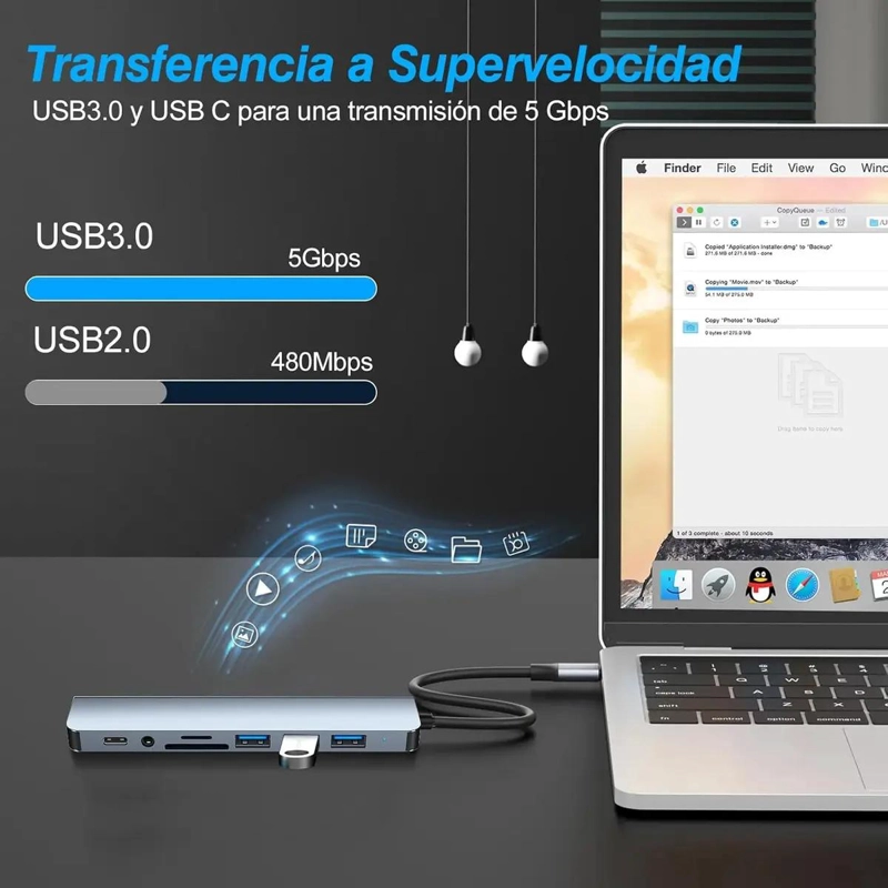 ADAPTADOR MULTIPUERTO USB TIPO C 8 EN 1 CON LECTOR DE TARJETAS - 6