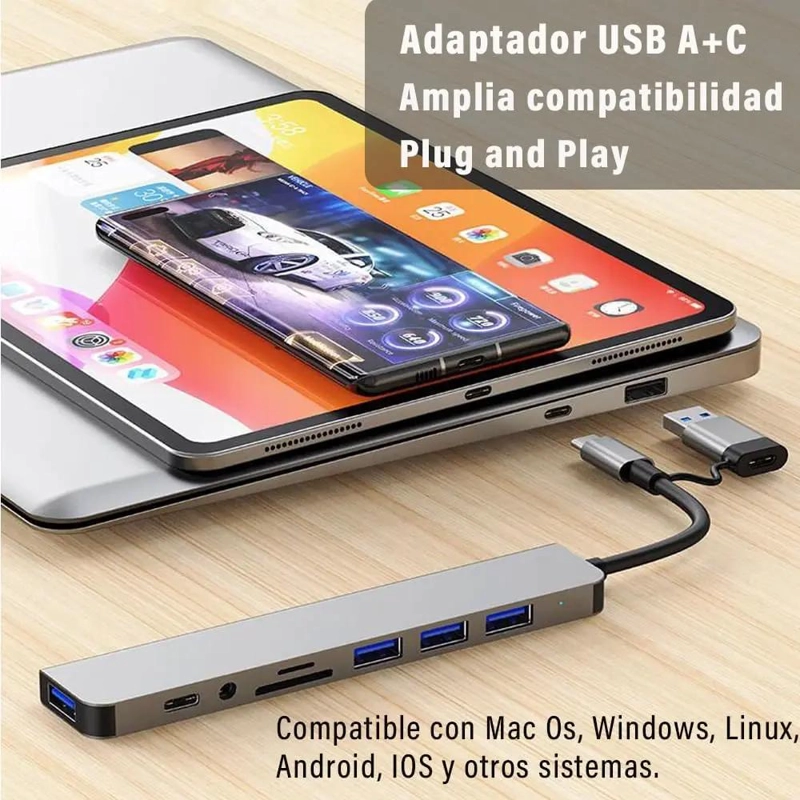 ADAPTADOR MULTIPUERTO USB TIPO C 8 EN 1 CON LECTOR DE TARJETAS - 7