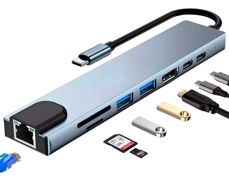 HUB ADAPTADOR USB TIPO C 8 EN 1 CON HDMI Y PUERTOS USB - 1