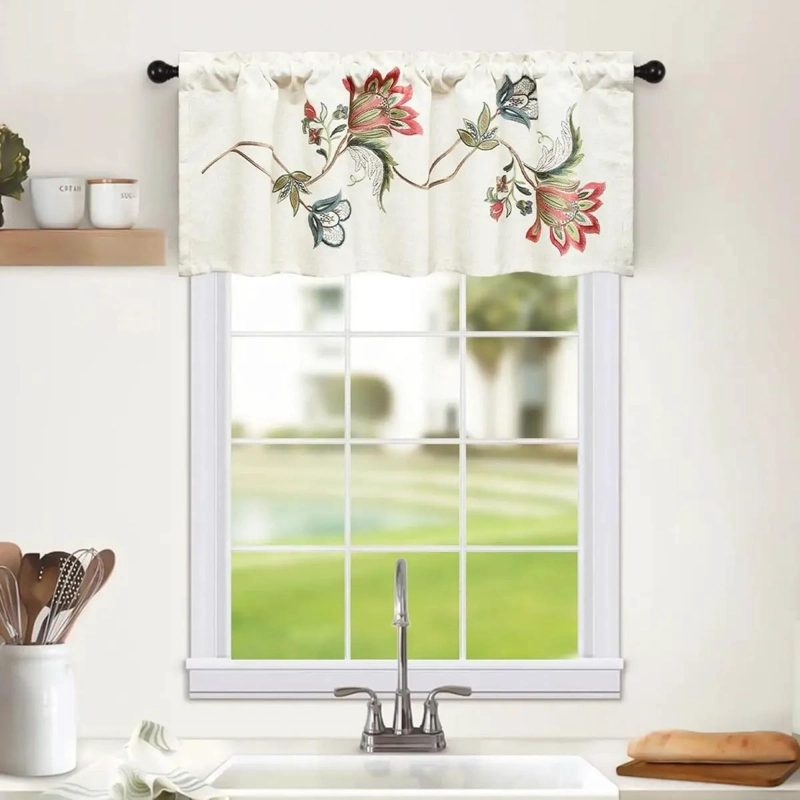 CENEFAS DE LINO BORDADO PARA VENTANAS DE COCINA CON FLORES ROJAS - 1