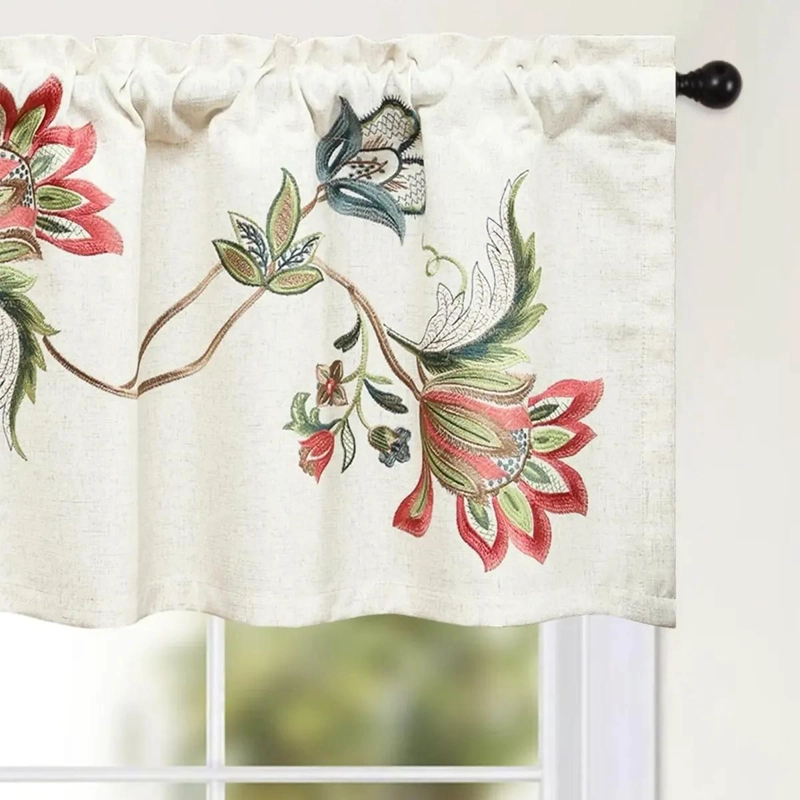 CENEFAS DE LINO BORDADO PARA VENTANAS DE COCINA CON FLORES ROJAS - 2