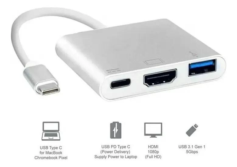 ADAPTADOR USB-C HDMI 3 EN 1 CON PUERTOS USB Y TIPO C - 10