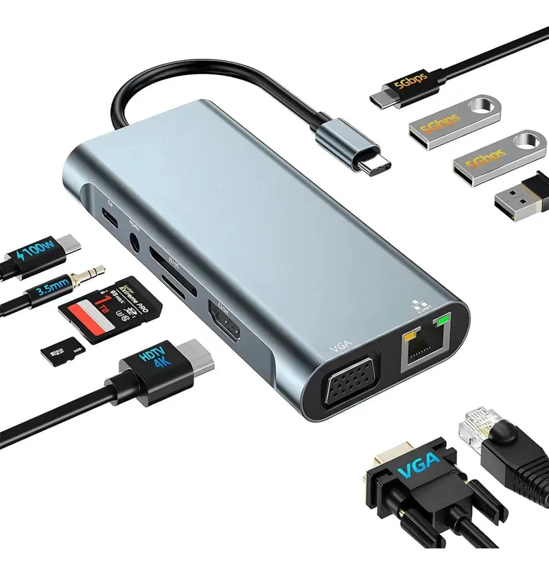 ADAPTADOR HUB USB TIPO C 11 EN 1 CON HDMI 4K Y ETHERNET - 1