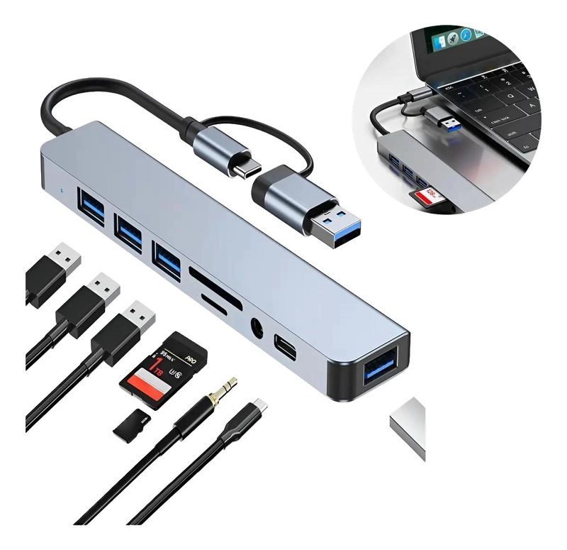 HUB ADAPTADOR USB TIPO C 8 EN 2 PARA CONECTIVIDAD COMPLETA - 1