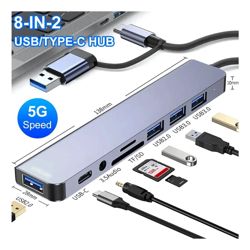 HUB ADAPTADOR USB TIPO C 8 EN 2 PARA CONECTIVIDAD COMPLETA - 2