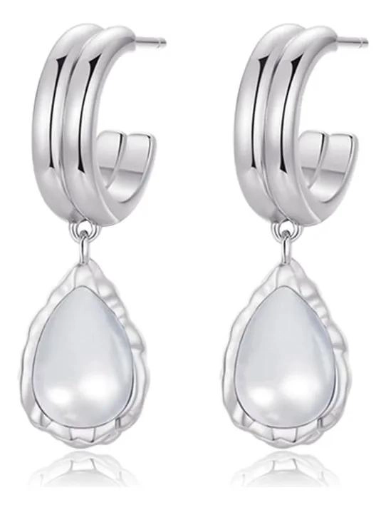 AROS ELEGANTES BAÑADOS EN ORO BLANCO CON MADRE PERLA - 3