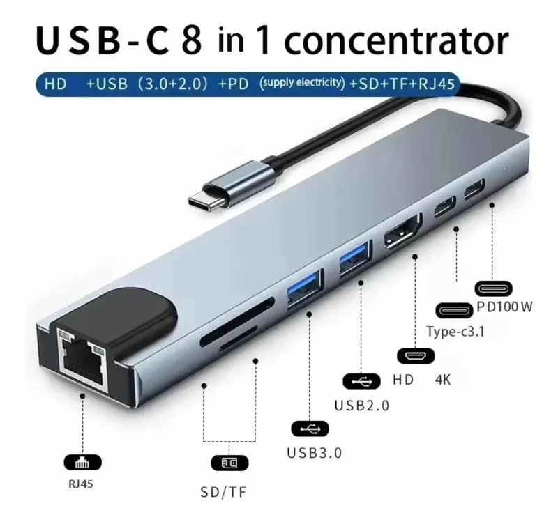 ADAPTADOR HUB TIPO C 8 PUERTOS CON HDMI Y USB 3.0 - 3