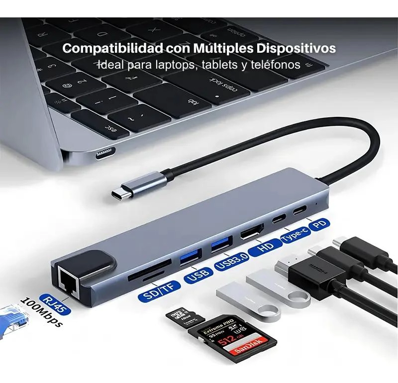 ADAPTADOR HUB 8 EN 1 TIPO C CON HDMI, USB Y ETHERNET - 4