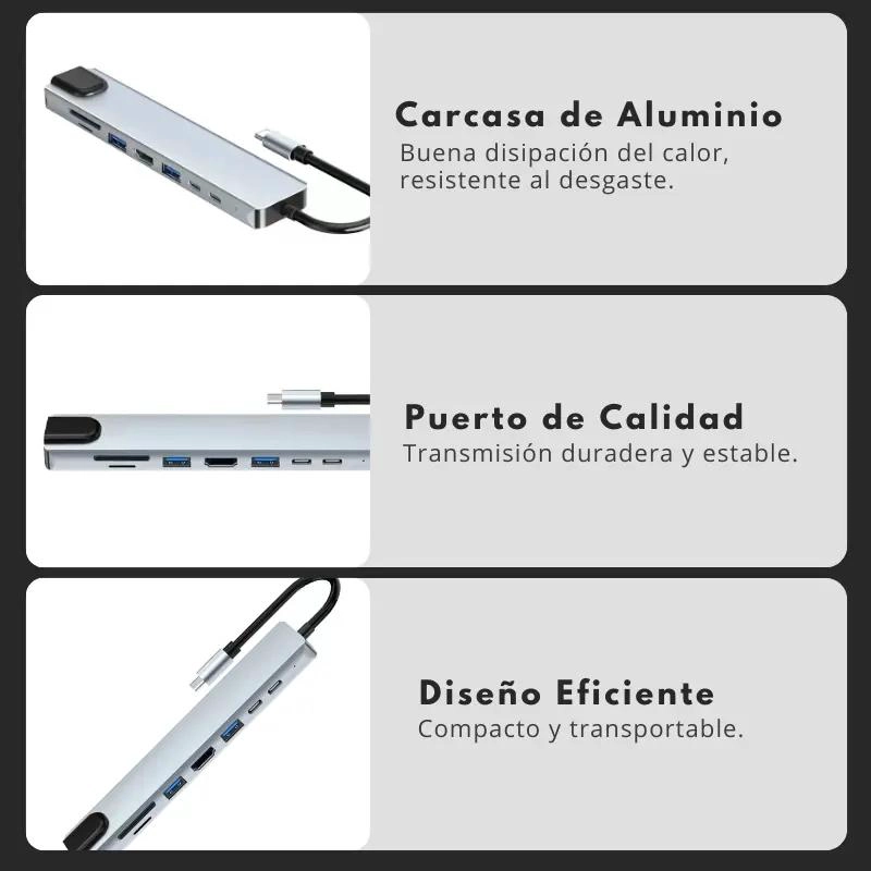 ADAPTADOR HUB 8 EN 1 TIPO C CON HDMI, USB Y ETHERNET - 5