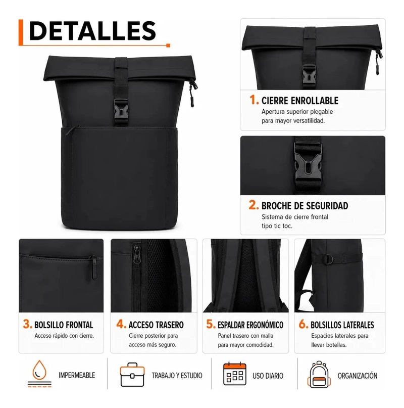 MOCHILA URBANA IMPERMEABLE CON APERTURA TRASERA Y ERGONOMIA - 2