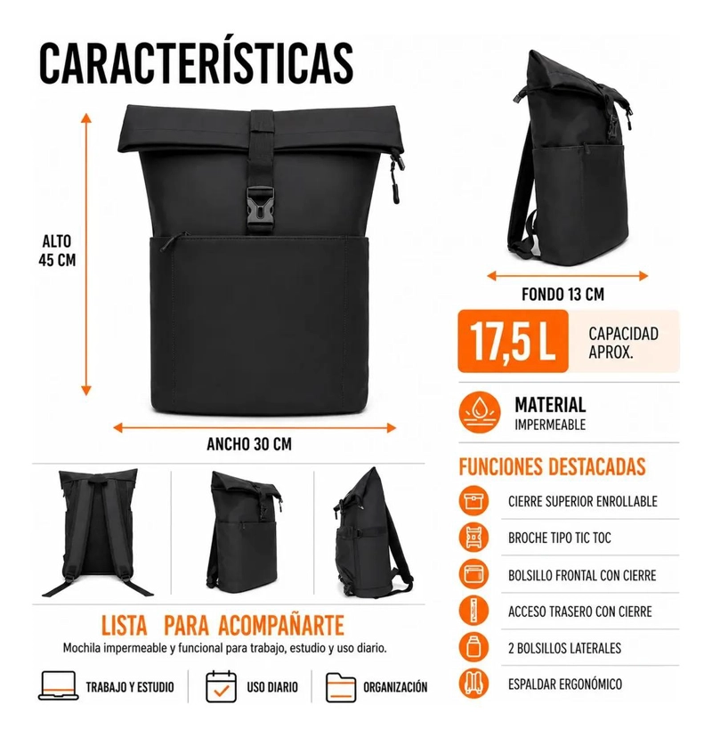 MOCHILA URBANA IMPERMEABLE CON APERTURA TRASERA Y ERGONOMIA - 3