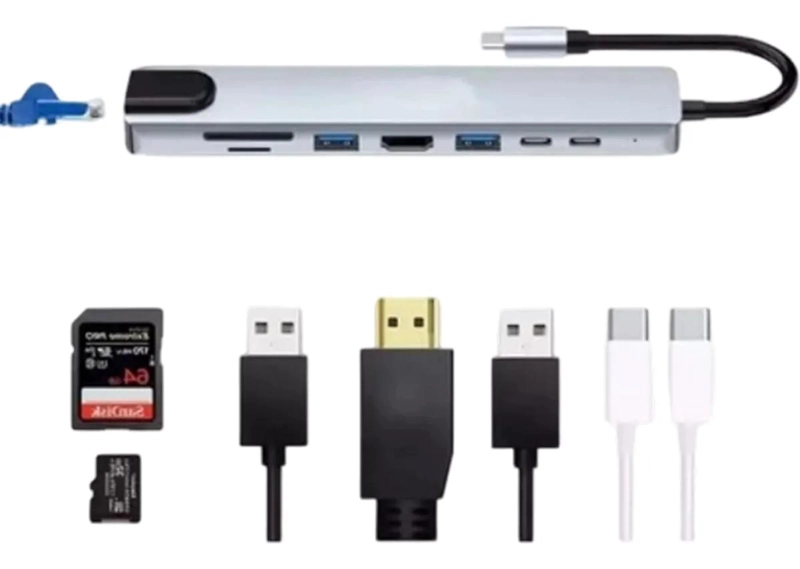 HUB ADAPTADOR USB TIPO C 8 EN 1 CON HDMI Y LAN - 1