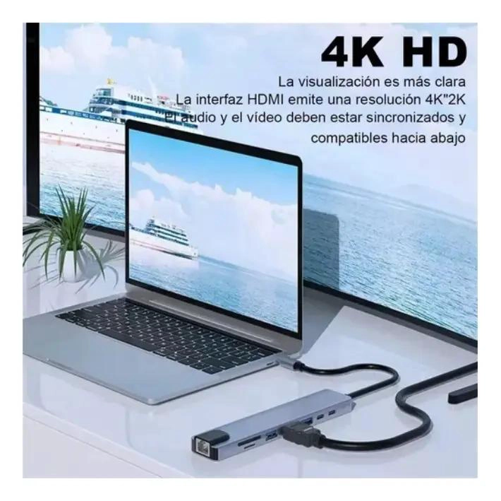 HUB ADAPTADOR USB TIPO C 8 EN 1 CON HDMI Y LAN - 3