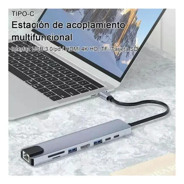 HUB ADAPTADOR USB TIPO C 8 EN 1 CON HDMI Y LAN - 4