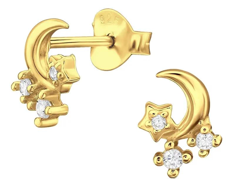 AROS PEQUEÑOS CON DISEÑO DE LUNA Y CIRCONES EN PLATA DORADA - 1