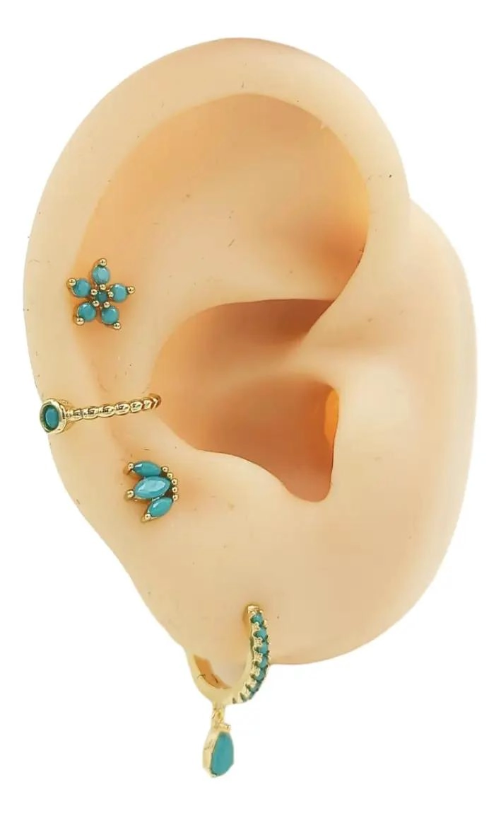 SET DE AROS HUGGIES Y EARCUFF CON PIEDRAS TURQUESA - 1