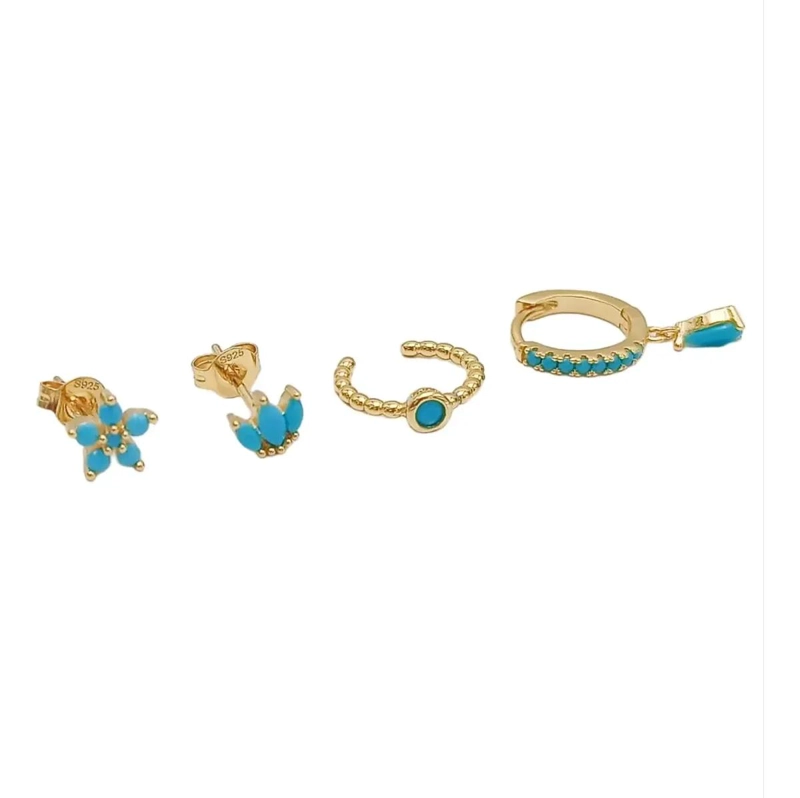 SET DE AROS HUGGIES Y EARCUFF CON PIEDRAS TURQUESA - 3