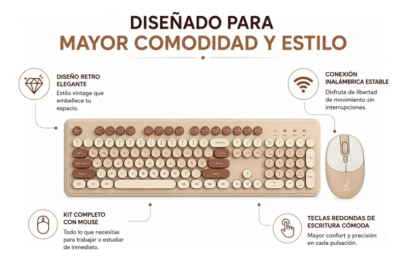 TECLADO INALAMBRICO RETRO CON MOUSE USB COLOR MARRON - 2