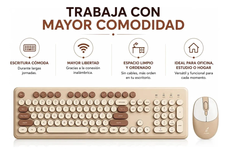 TECLADO INALAMBRICO RETRO CON MOUSE USB COLOR MARRON - 3
