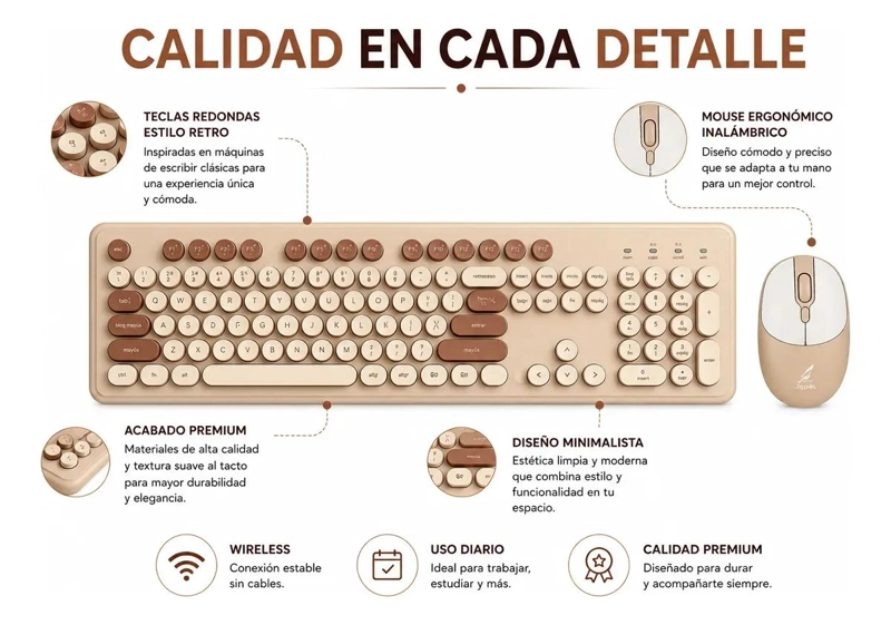 TECLADO INALAMBRICO RETRO CON MOUSE USB COLOR MARRON - 4