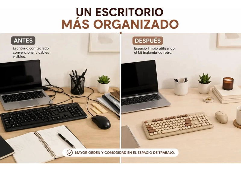TECLADO INALAMBRICO RETRO CON MOUSE USB COLOR MARRON - 5