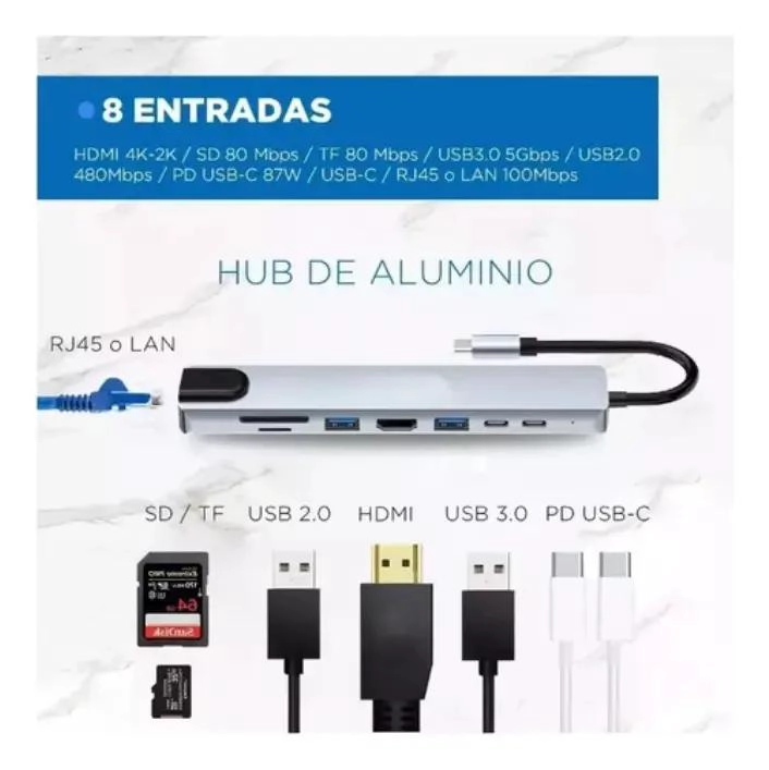 HUB ADAPTADOR USB TIPO C 8 EN 1 CON HDMI Y ETHERNET - 3