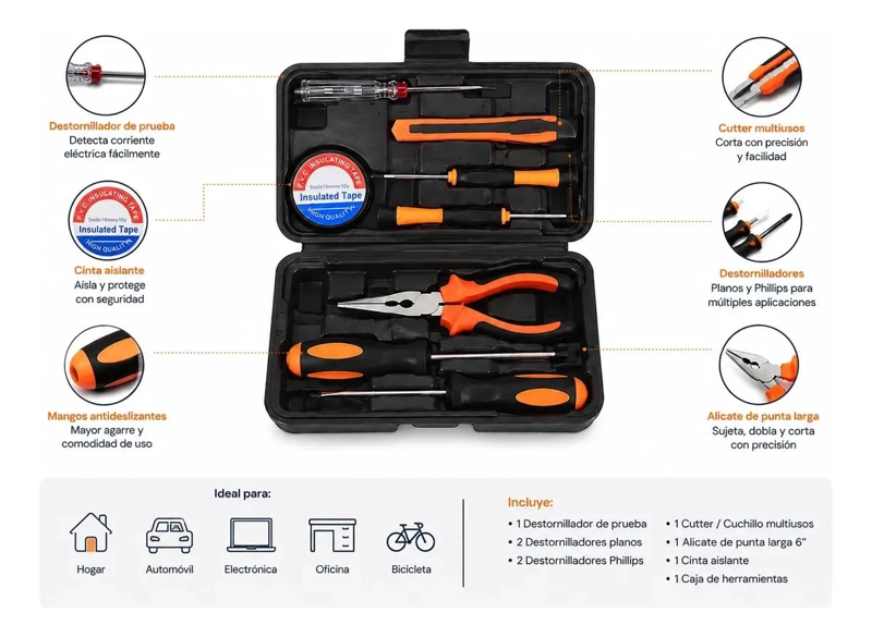 KIT DE HERRAMIENTAS MANUALES 9 PIEZAS PARA EL HOGAR - 4