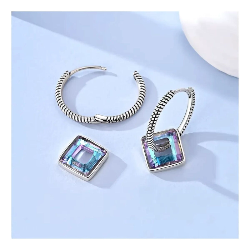 AROS DE PLATA 925 CON DISEÑO TRENZADO Y CRISTAL IRIDISCENTE - 2